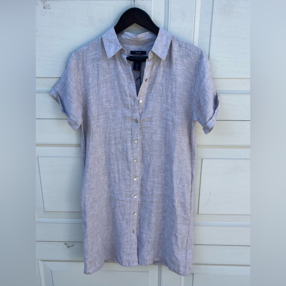 Women's Tahari 100% Linen grey shirt dress button short sleeves S